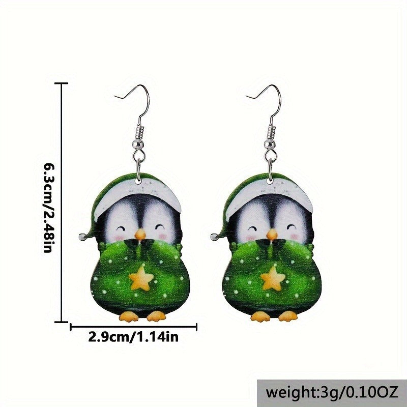 HKM-307027 Cute Penguin Acrylic Earrings for Christmas - Red and Green Cartoon Design, Unisex, 3cm