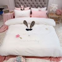 HKM-307027 Longeared Rabbit Four-Piece Bedding Set with Heart Design and Bow Accents
