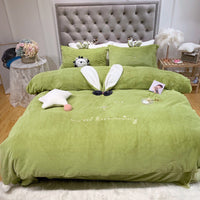 HKM-307027 Longeared Rabbit Four-Piece Bedding Set with Heart Design and Bow Accents