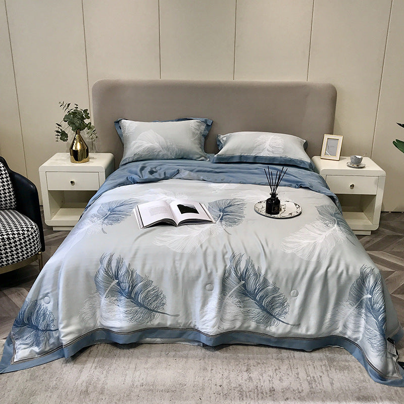 HKM-307219 Tencel Lyocell Fiber Summer Cooling Duvet Four-Piece Set with Embroidered Design and Multiple Sizes
