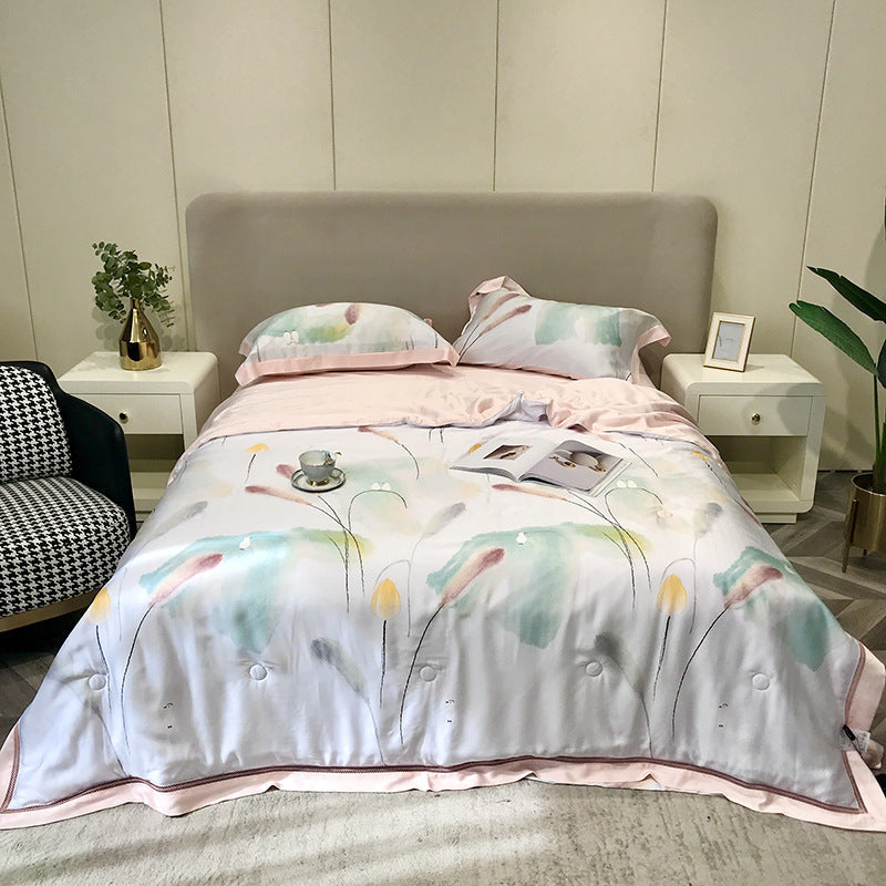 HKM-307219 Tencel Lyocell Fiber Summer Cooling Duvet Four-Piece Set with Embroidered Design and Multiple Sizes