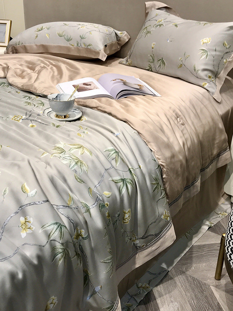 HKM-307219 Tencel Lyocell Fiber Summer Cooling Duvet Four-Piece Set with Embroidered Design and Multiple Sizes