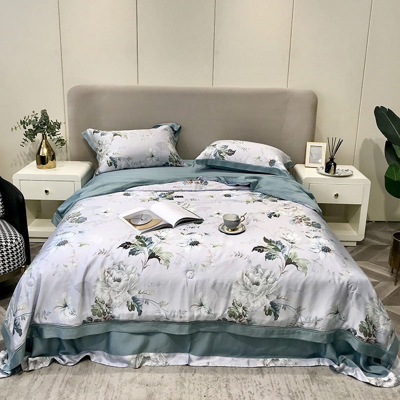 HKM-307219 Tencel Lyocell Fiber Summer Cooling Duvet Four-Piece Set with Embroidered Design and Multiple Sizes