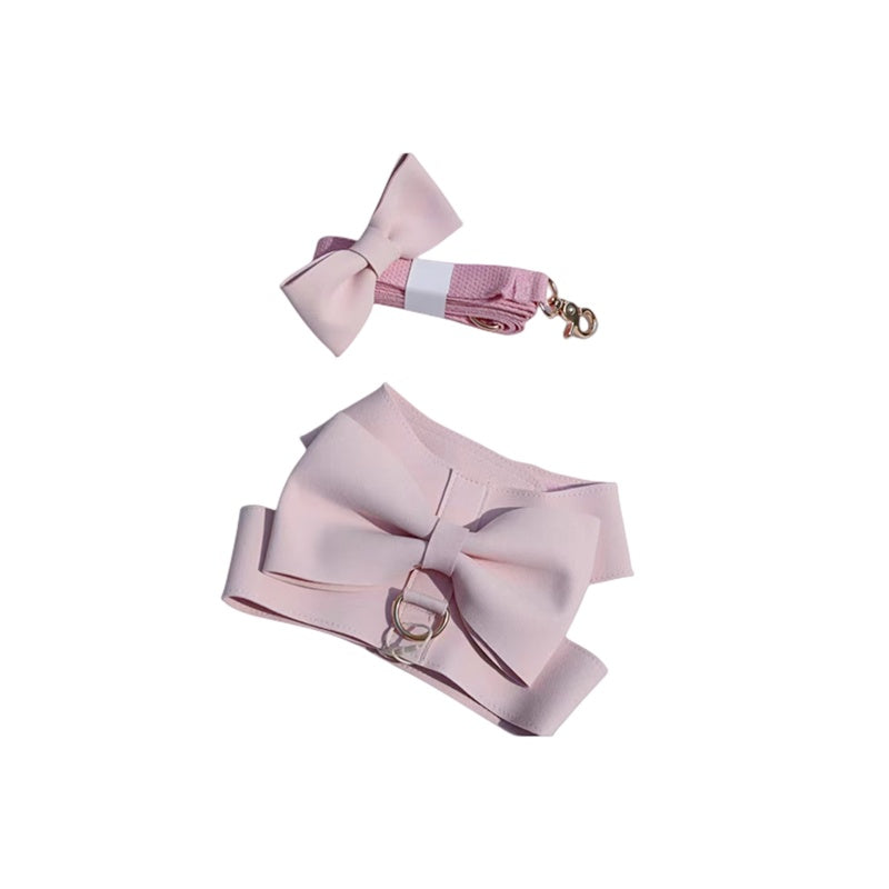 HKM-307411 Handmade Pet Fleece Bow Chest Strap Lead Rope - Light Blue & Light Pink Options Available