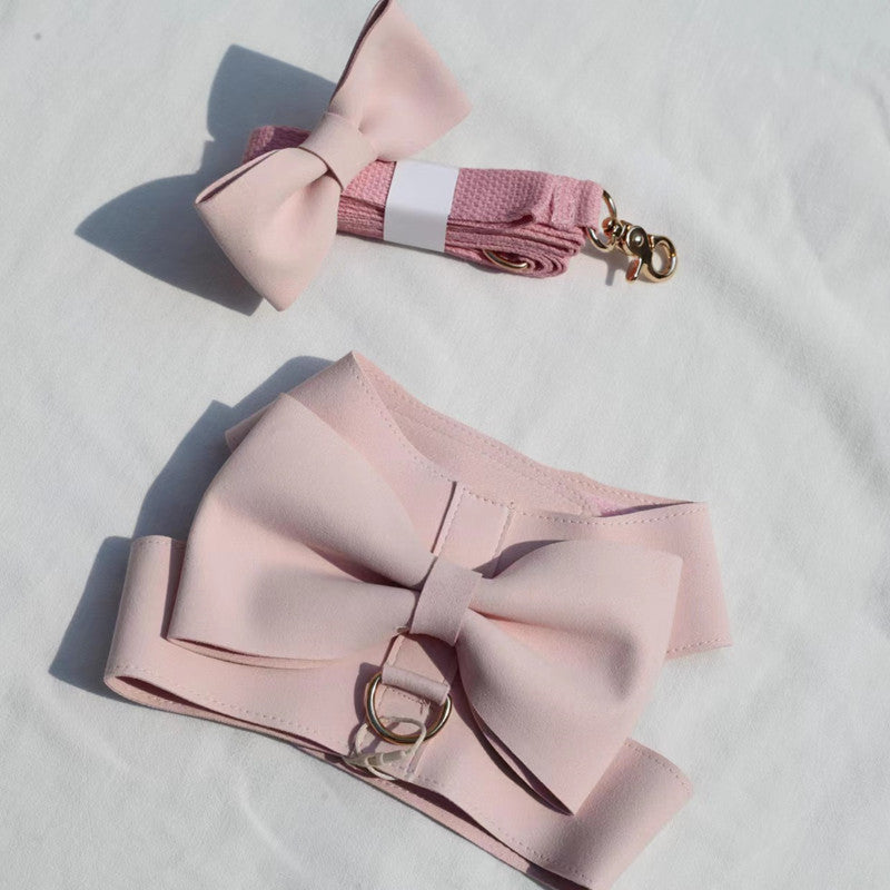 HKM-307411 Handmade Pet Fleece Bow Chest Strap Lead Rope - Light Blue & Light Pink Options Available