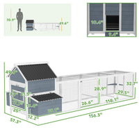 HKM-308371 Extra Large Wooden Chicken Coop with 2 Nesting Boxes, Run Cage, Waterproof Roof for 10-15 Chickens, Light Gray