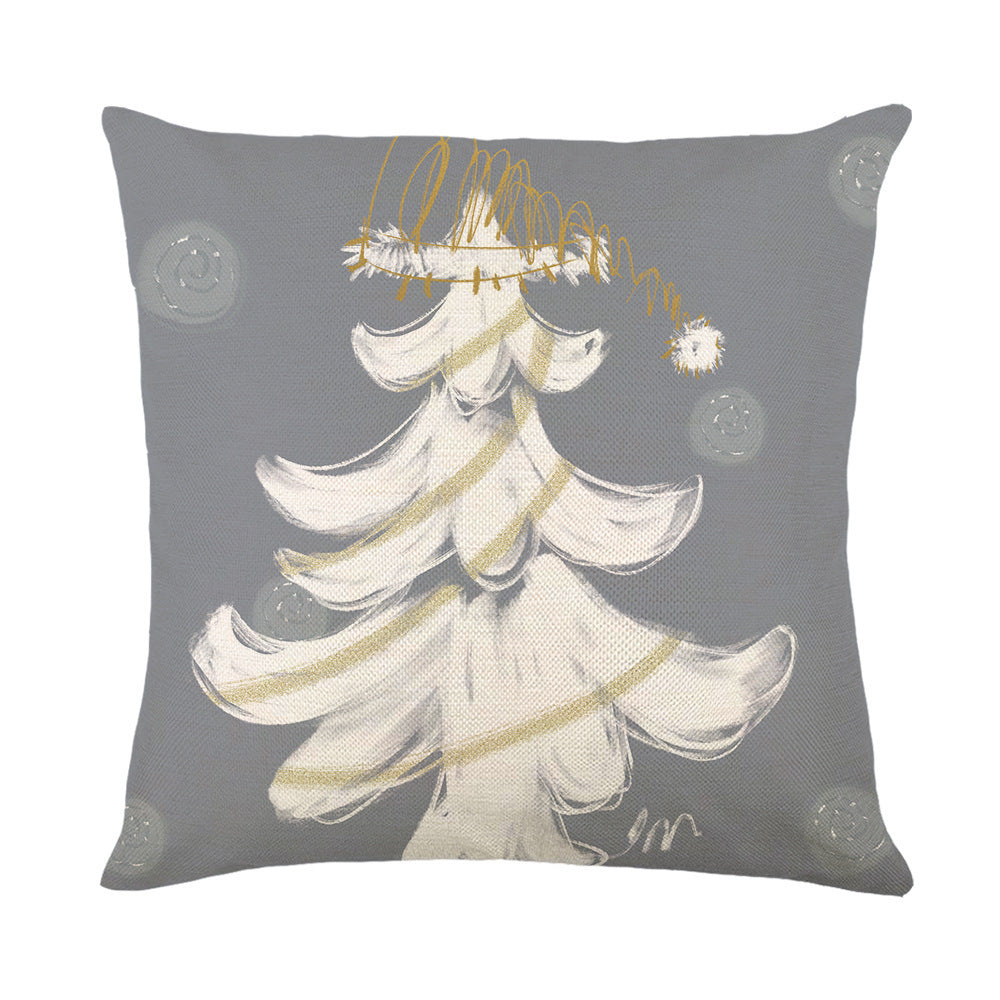 HKM-308499 Hand Painted Elk Christmas Tree Linen Pillow Cover, Modern Simple Holiday Cushion 45x45cm