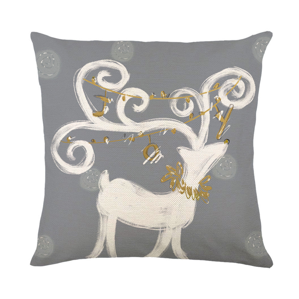 HKM-308499 Hand Painted Elk Christmas Tree Linen Pillow Cover, Modern Simple Holiday Cushion 45x45cm