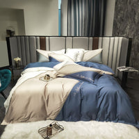 HKM-309523 Long-Staple Cotton Embroidery 4-Piece Contrast Color Satin Bedding Set - Sky Blue, Light Blue, Red, Pink