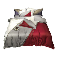 HKM-309523 Long-Staple Cotton Embroidery 4-Piece Contrast Color Satin Bedding Set - Sky Blue, Light Blue, Red, Pink