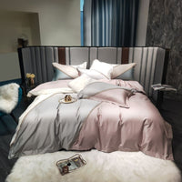 HKM-309523 Long-Staple Cotton Embroidery 4-Piece Contrast Color Satin Bedding Set - Sky Blue, Light Blue, Red, Pink