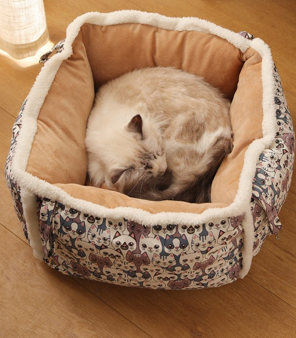 HKM-309523 Multi-Functional Semi-Enclosed Cat Hammock Nest with Flannel, PP Cotton, Cashmere, and Alloy