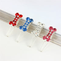 HKM-309523 Rhinestone Dog Bone Barrettes for Stylish Pet Decoration in White, Pink, Blue, and Red