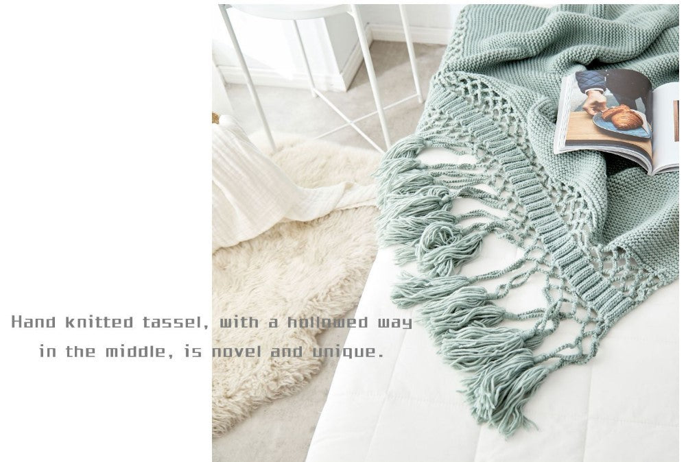 HKM-309843 Handmade Hollow Knitted Blanket with Tassels, 120x180cm, Polyacrylonitrile Material
