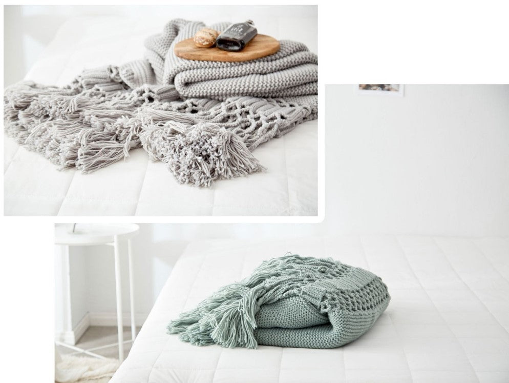 HKM-309843 Handmade Hollow Knitted Blanket with Tassels, 120x180cm, Polyacrylonitrile Material