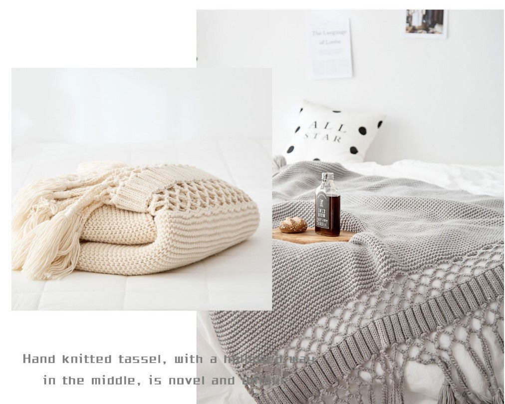 HKM-309843 Handmade Hollow Knitted Blanket with Tassels, 120x180cm, Polyacrylonitrile Material