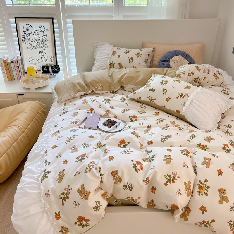 HKM-309843 Pastoral Small Floral Pure Cotton Bedding Set - Available in 1.2m, 1.5m, and 1.8m Sizes