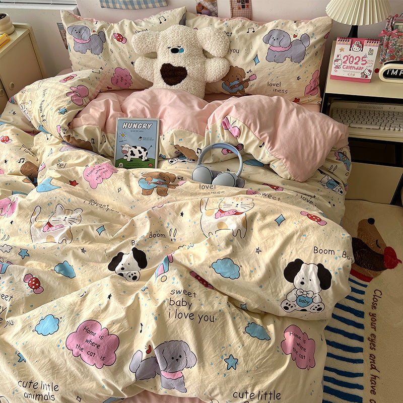 HKM-310675 Cartoon-Themed Washed Cotton Four-Piece Bedding Set with Fitted Sheet