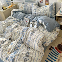 HKM-310675 Cartoon-Themed Washed Cotton Four-Piece Bedding Set with Fitted Sheet