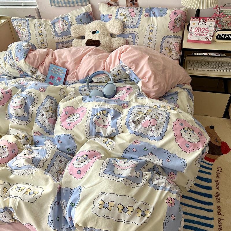 HKM-310675 Cartoon-Themed Washed Cotton Four-Piece Bedding Set with Fitted Sheet