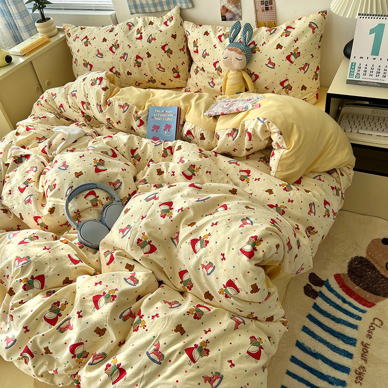 HKM-310675 Cartoon-Themed Washed Cotton Four-Piece Bedding Set with Fitted Sheet