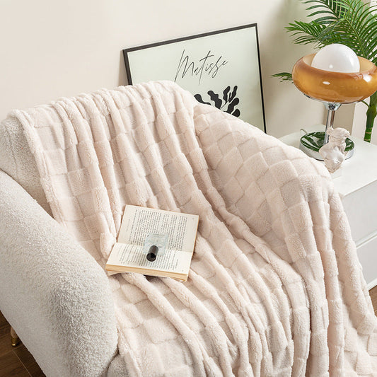 HKM-310675 Thickened Checkered Jacquard Nap Wool Blanket - Available in Milky White and Hulan