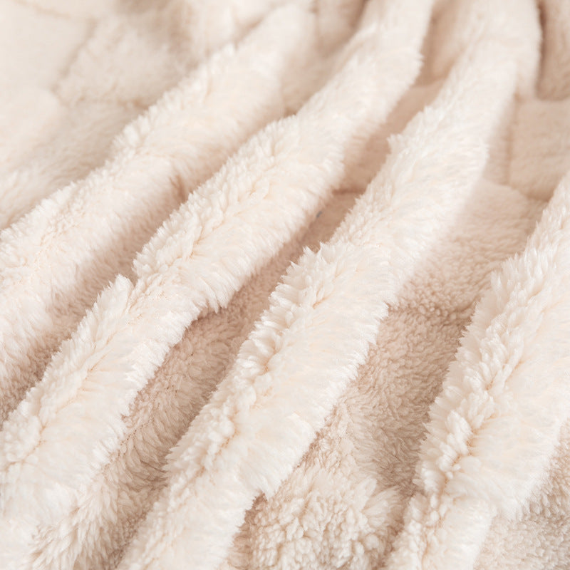HKM-310675 Thickened Checkered Jacquard Nap Wool Blanket - Available in Milky White and Hulan