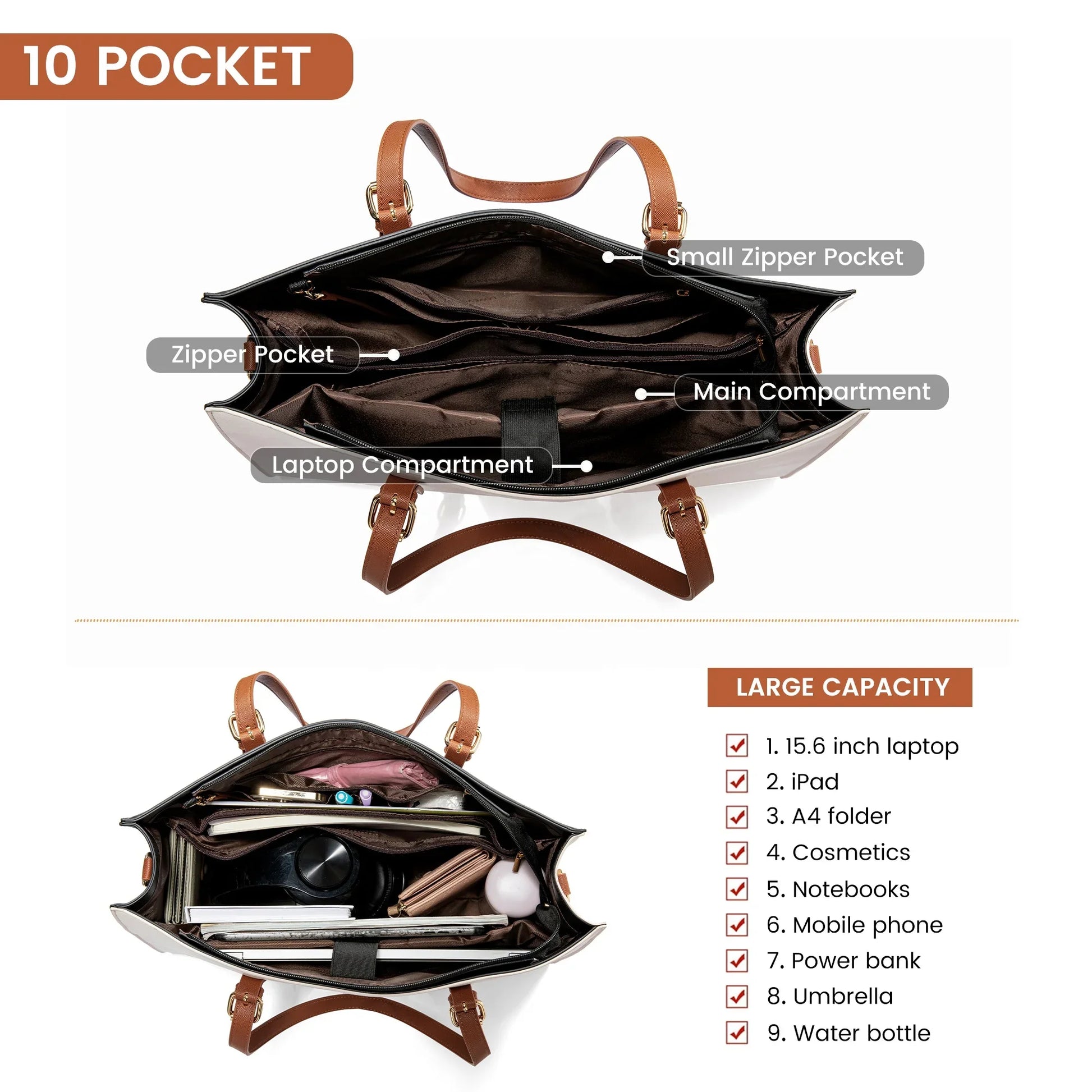 KTX-311059 Large Capacity PU Leather Laptop Tote Bag for 15.6-Inch Computers - Stylish Women's Shoulder Briefcase