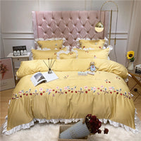 HKM-311507 Washed Silk Four-Piece Embroidered Pastoral Floral Bedding Set