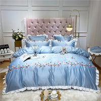 HKM-311507 Washed Silk Four-Piece Embroidered Pastoral Floral Bedding Set