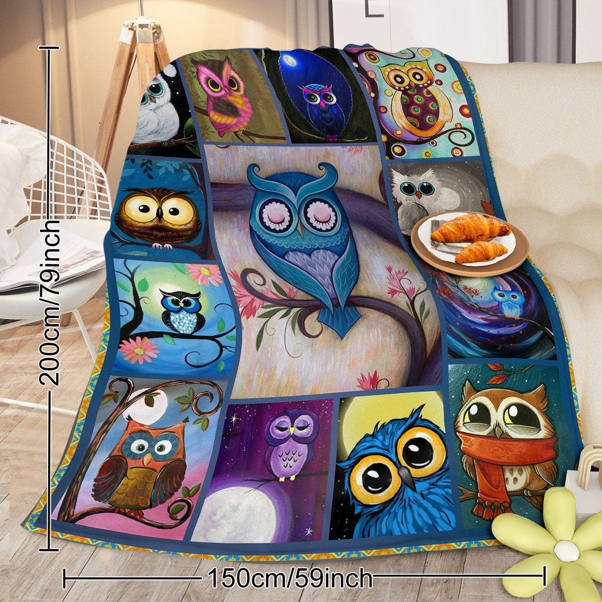 HKM-311827 Cozy Flannel Fleece Blanket with Night Owl Design – Soft Plush Throw for Home Use