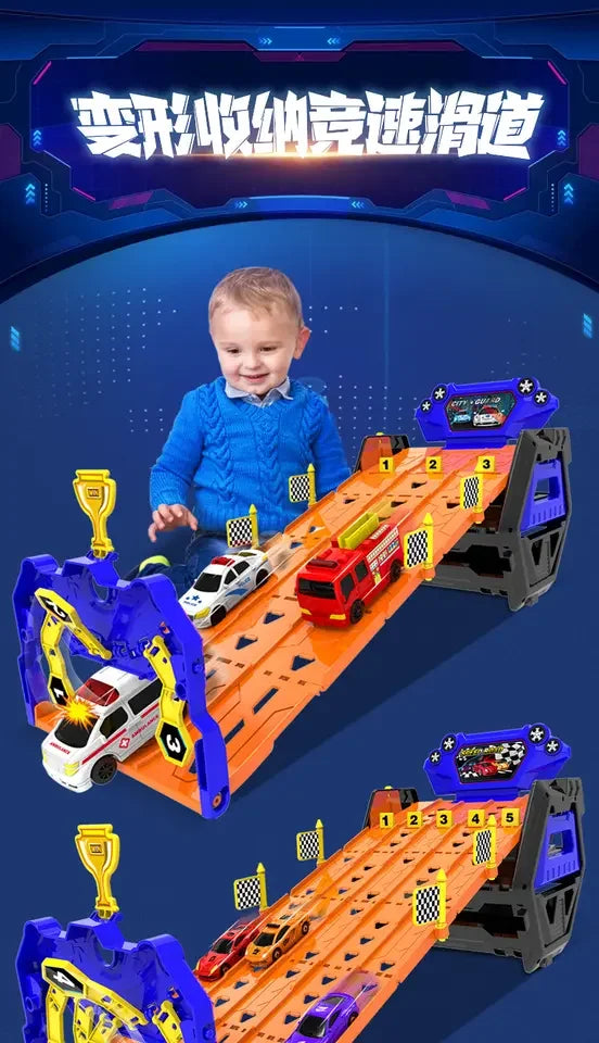 HKM-312467 Free Wheel Railway Car Set with Parking Space and Scooters for Kids Ages 2-4