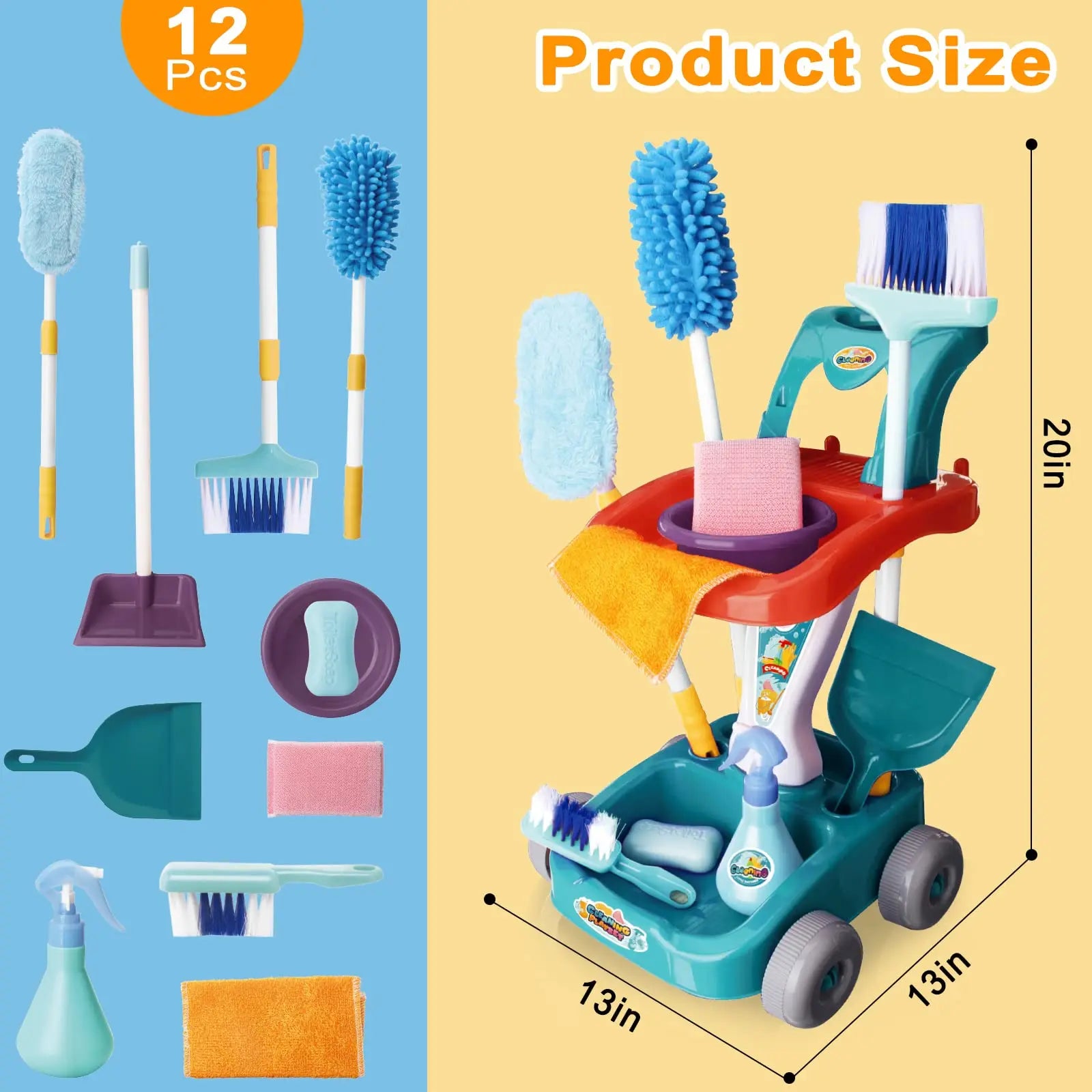 Pretend Play Cleaning Set with 12 Detachable Housekeeping Tools for Kids