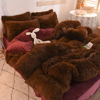 HKM-313747 Thick Fleece Duvet Cover Set with Fluffy Plush Pillowcases for Winter Warmth, Available in Queen and King Sizes