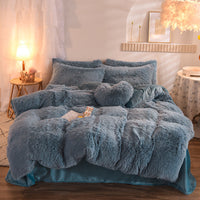 HKM-313747 Thick Fleece Duvet Cover Set with Fluffy Plush Pillowcases for Winter Warmth, Available in Queen and King Sizes