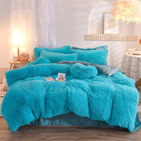 HKM-313747 Thick Fleece Duvet Cover Set with Fluffy Plush Pillowcases for Winter Warmth, Available in Queen and King Sizes