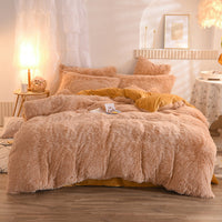 HKM-313747 Thick Fleece Duvet Cover Set with Fluffy Plush Pillowcases for Winter Warmth, Available in Queen and King Sizes