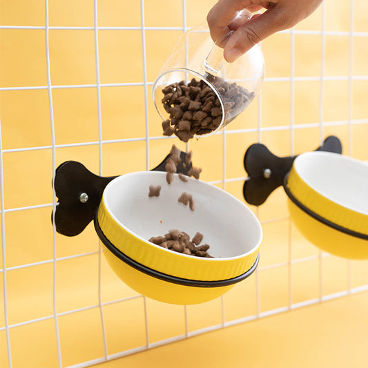 HKM-314003 Slanted Anti-Overturning Hanging Ceramic Pet Bowl with Iron Frame in Multiple Colors