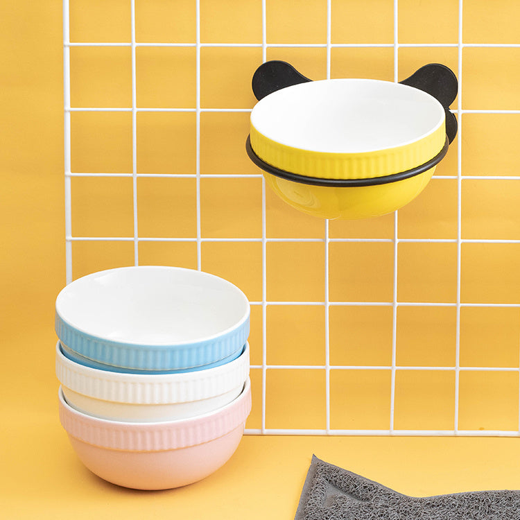HKM-314003 Slanted Anti-Overturning Hanging Ceramic Pet Bowl with Iron Frame in Multiple Colors
