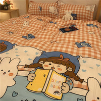 HKM-314963 Cartoon Brushed Washed Cotton 4-Piece Bed Sheet and Duvet Cover Set