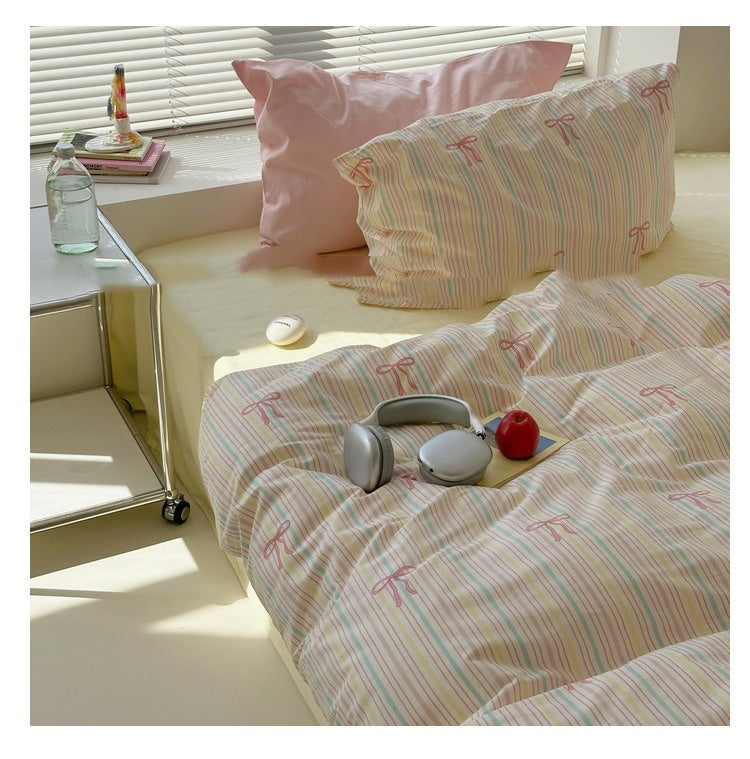HKM-314963 Colorful Striped Pure Cotton Bedding Set – Soft Four-Piece Collection for Various Bed Sizes
