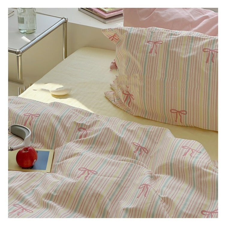 HKM-314963 Colorful Striped Pure Cotton Bedding Set – Soft Four-Piece Collection for Various Bed Sizes