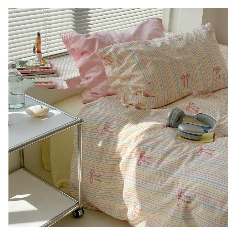 HKM-314963 Colorful Striped Pure Cotton Bedding Set – Soft Four-Piece Collection for Various Bed Sizes