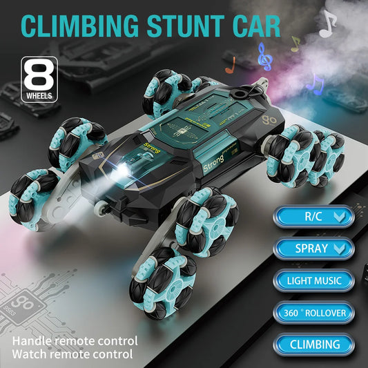 HKM-315539 8WD 360 Rotating Climbing Stunt RC Car - Remote Control with Spray Feature, 50m Range, Indoor-Outdoor Use