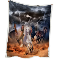 HKM-316115 Sherpa Fleece Horse-Themed Blanket for Couch, Camping, and Office Use