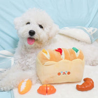 HKM-316307 Interactive Plush Toast Food Hiding Toy with Crinkly Sound and Colorful Strips