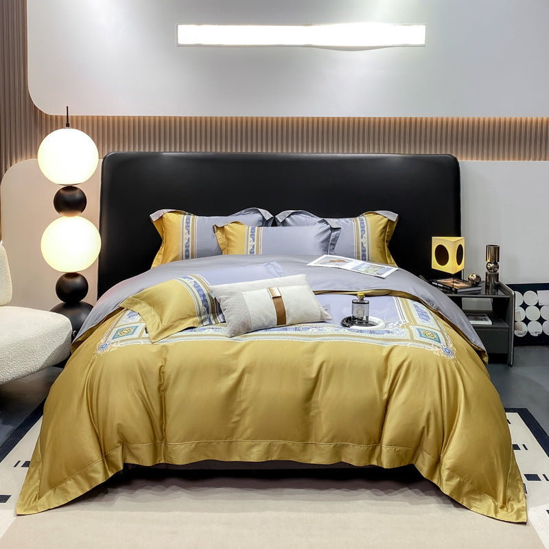 HKM-316435 Luxury Long-staple Cotton Four-piece Bedding Set with Geometric Design in Multiple Sizes