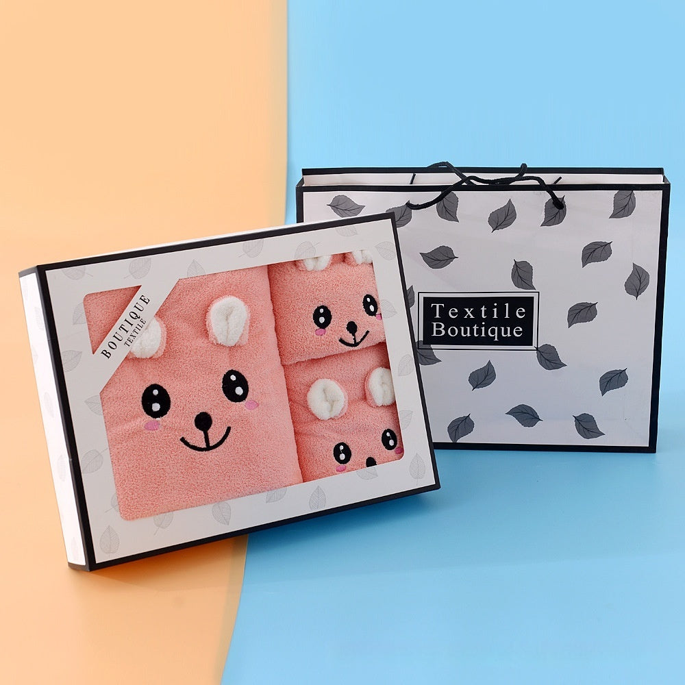 HKM-316691 Coral Velvet Bath Towel Set with Rabbit Ears in Gift Box - Various Colors Available