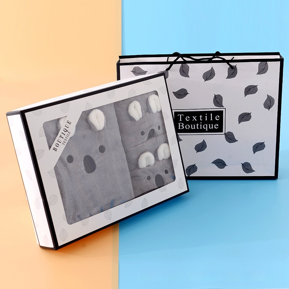 HKM-316691 Coral Velvet Bath Towel Set with Rabbit Ears in Gift Box - Various Colors Available