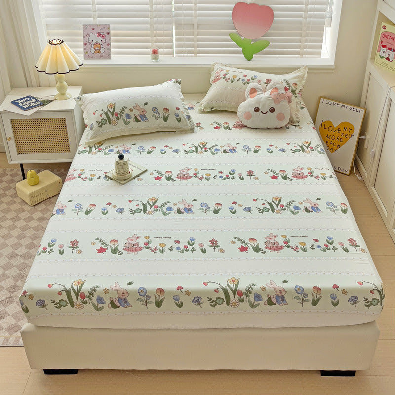 KTX-317075 Brushed Single-Layer Fitted Sheet with 2 Pillowcases - Mattress Protective Cover